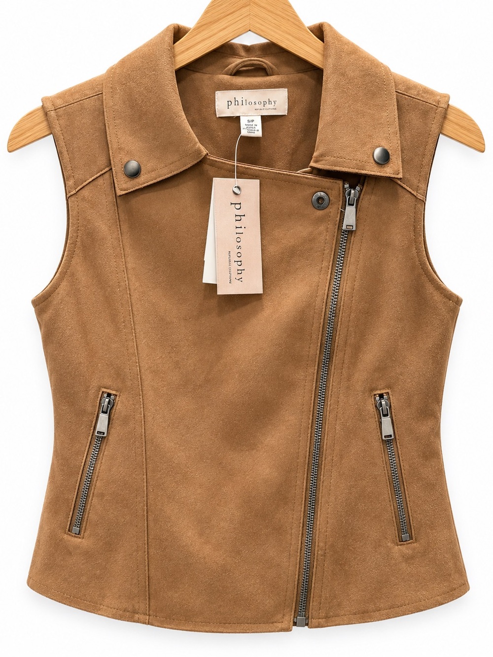 NWT Philosophy Republic Clothing S Tan Faux Suede Moto Vest
